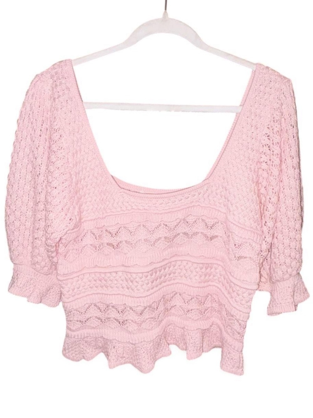 BiBi Light Pink Crochet Off the Shoulder Sweater